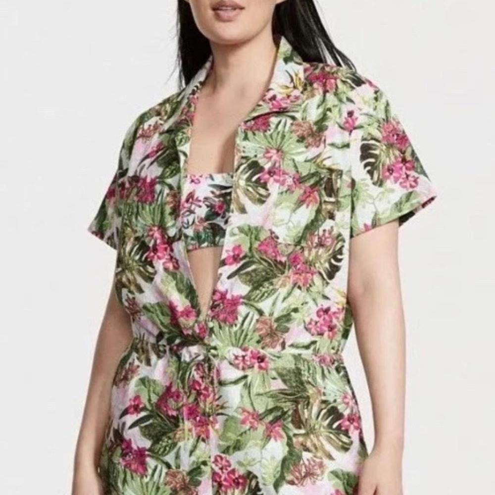 Victoria's Secret Linen Cover-Up Romper Palm Sz S Flora